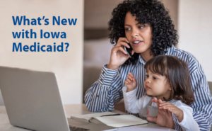 Cover photo of the fall 2023 issue of Care for Kids newsletter is a mother and child at a desk looking at her computer and making a phone call