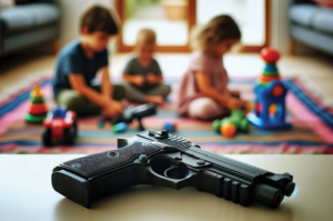 Hand gun on counter with small children playing in the background
