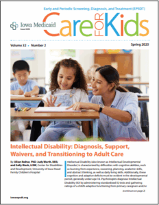 Spring 2025 Care for Kids newsletter cover shows teacher next to girl at her desk